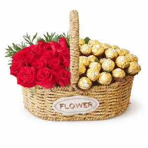 מארז ורדים ופררו רושה בסלסלה