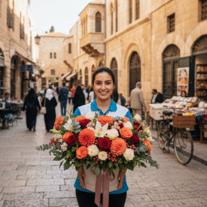 משלוח פרחים מהיר בירושלים על רקע העיר העתיקה