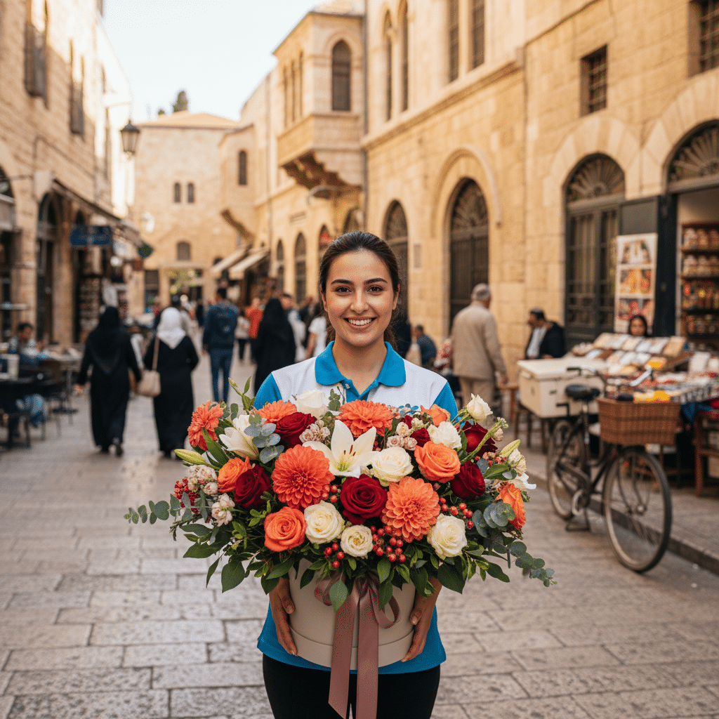 משלוח פרחים מהיר בירושלים על רקע העיר העתיקה
