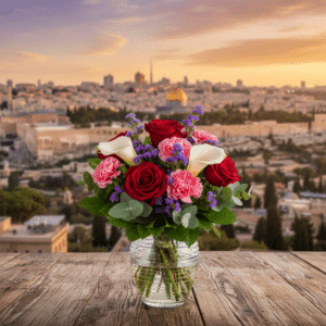 זר פרחים צבעוני ומרשים עם רקע של ירושלים
